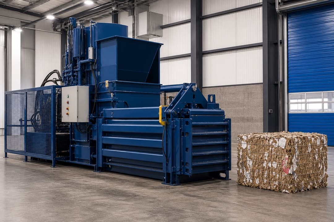Commercial horizontal baler inside a recycling facility