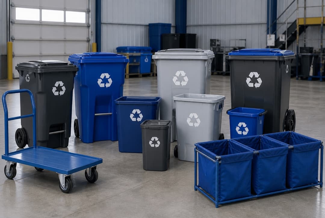 Recycling carts, wheeled bins, and material-handling accessories