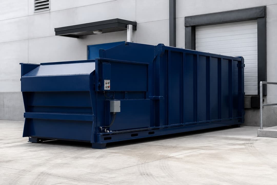 Stationary industrial compactor at a commercial loading area